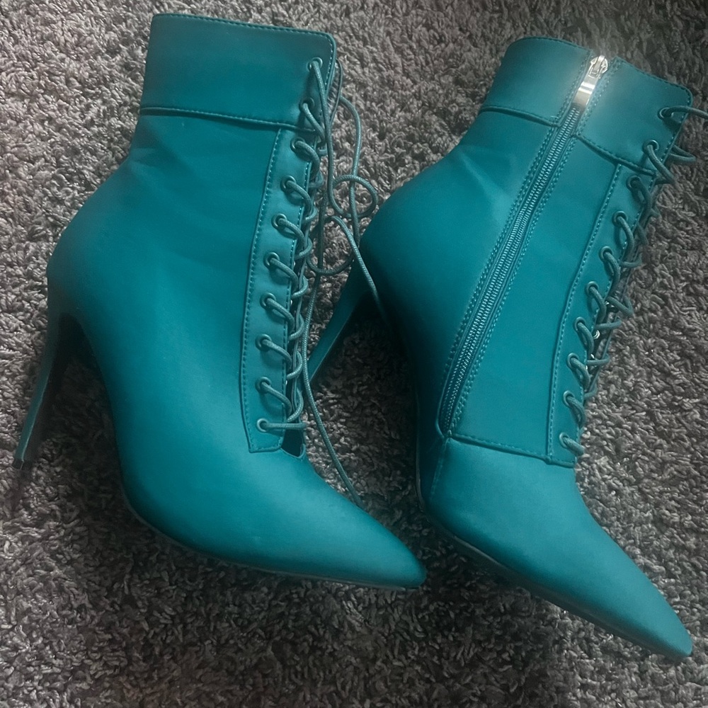 Azalea Wang Teal Green Nylon Stiletto High Heels Booties